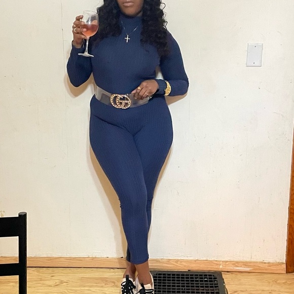 NEW FALL TRENDY NAVY BLUE LONG SLEEVE RIBBED MOCK NECK JUMPSUIT ROMPER - Picture 5 of 6